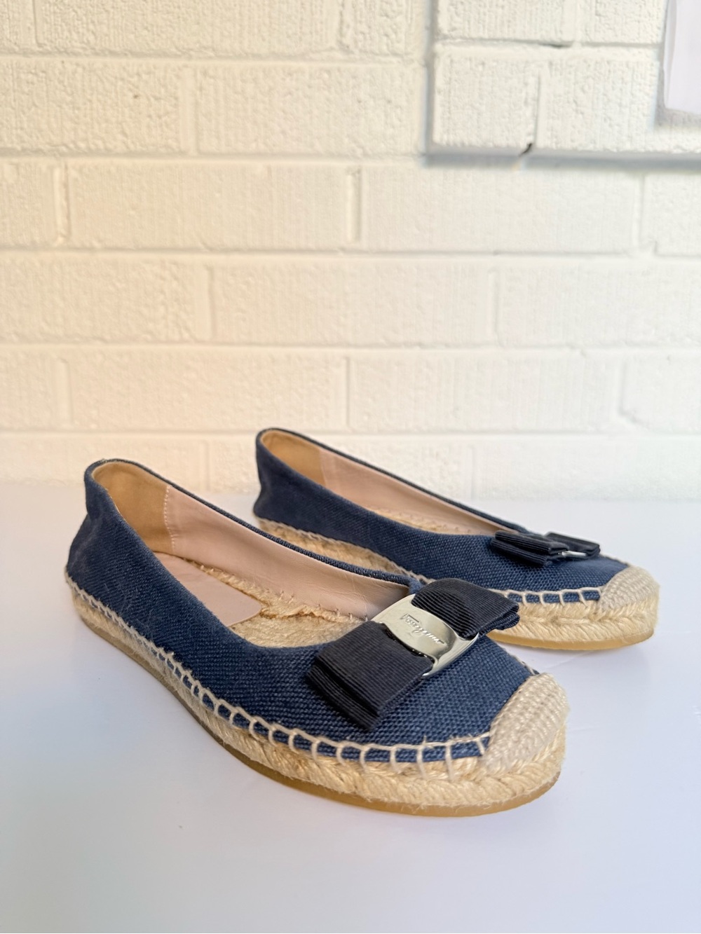 Salvatore Ferragamo Navy Canvas Espadrille Flats with Grosgrain Bow